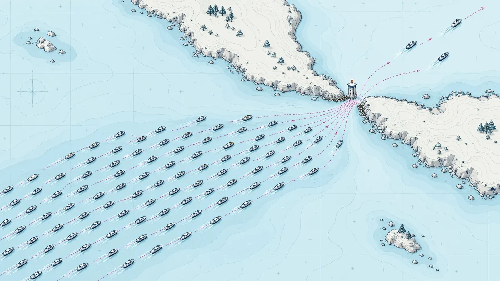 Dozens of small boats converge across a wide bay toward a narrow harbour mouth guarded by one inspection tower, with only a few boats beyond it.