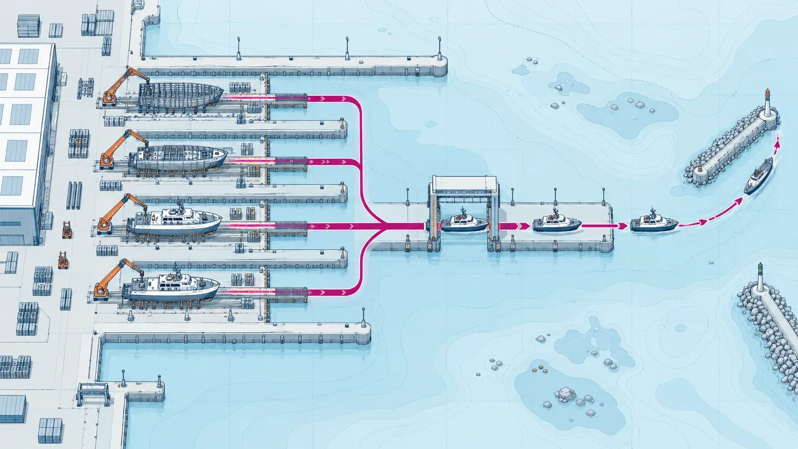 An overhead shipyard with four crane-equipped slipways feeding identical vessels along a magenta route through an inspection gate into open water.