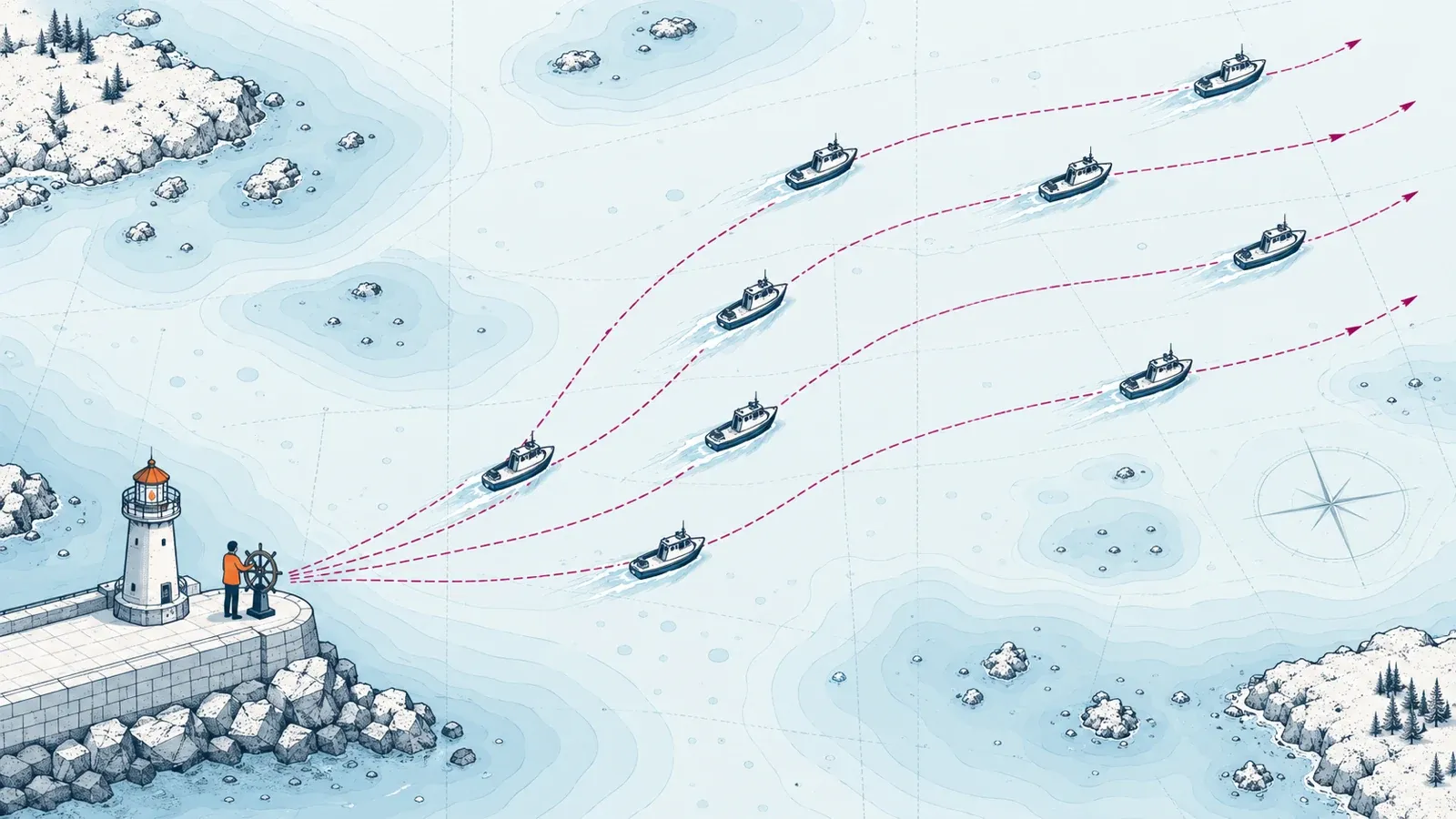 A single faceless founder at a helm beside a lighthouse directs identical boats along coordinated magenta courses across a nautical chart.