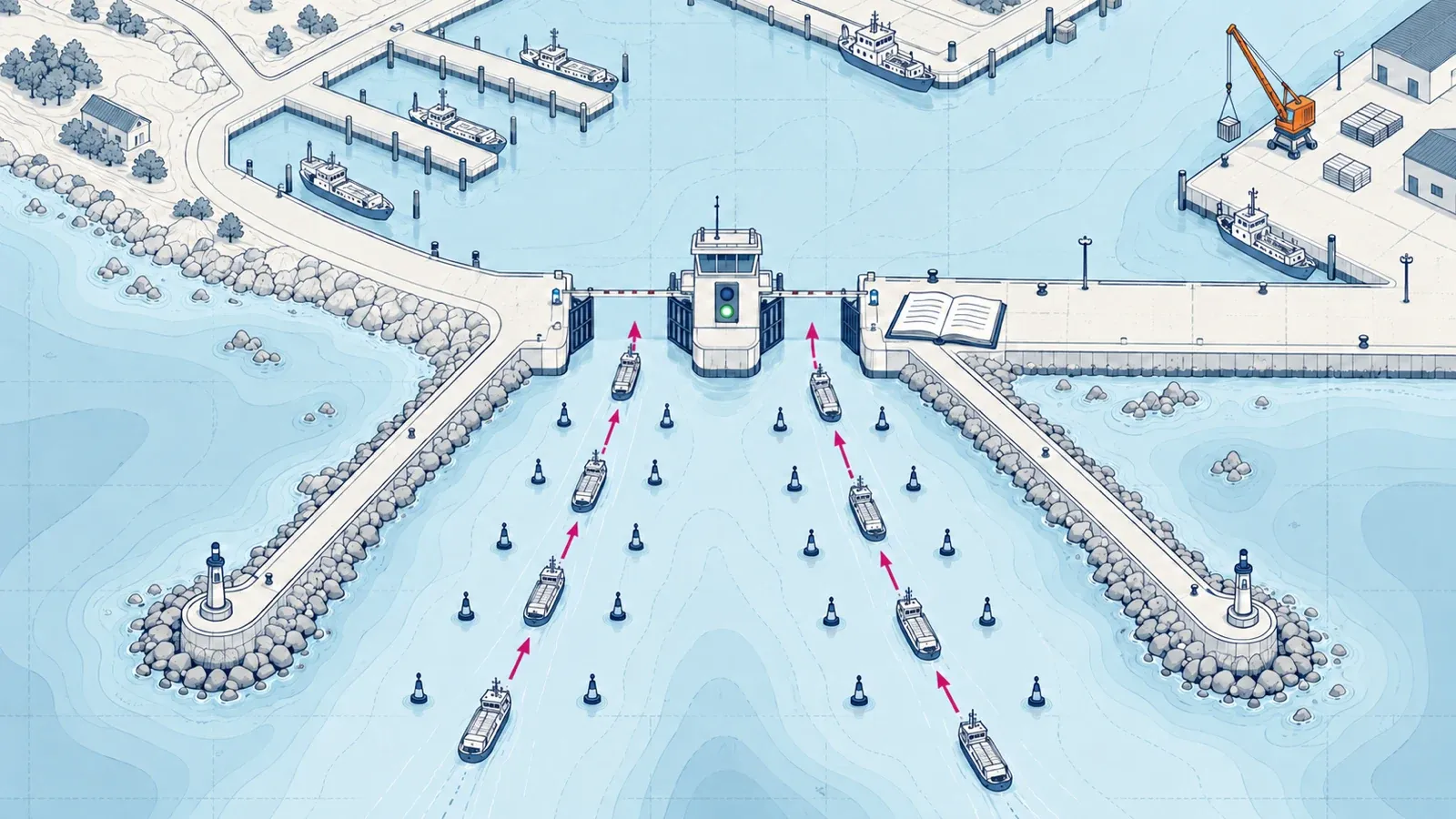 Boats follow two orderly magenta lanes between navy buoys through a harbour gatehouse with a green signal and an open logbook on the pier.
